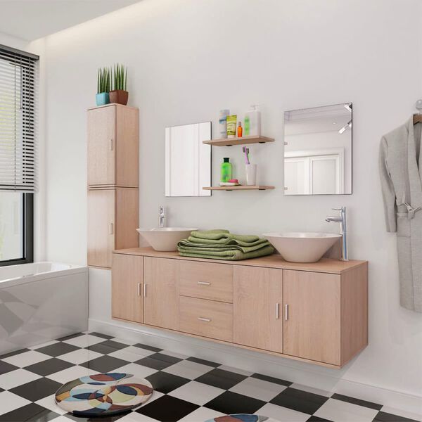 Mobilier de Salle de Bain 9 Pièces Beige 150x45x45 cm avec Lavabos