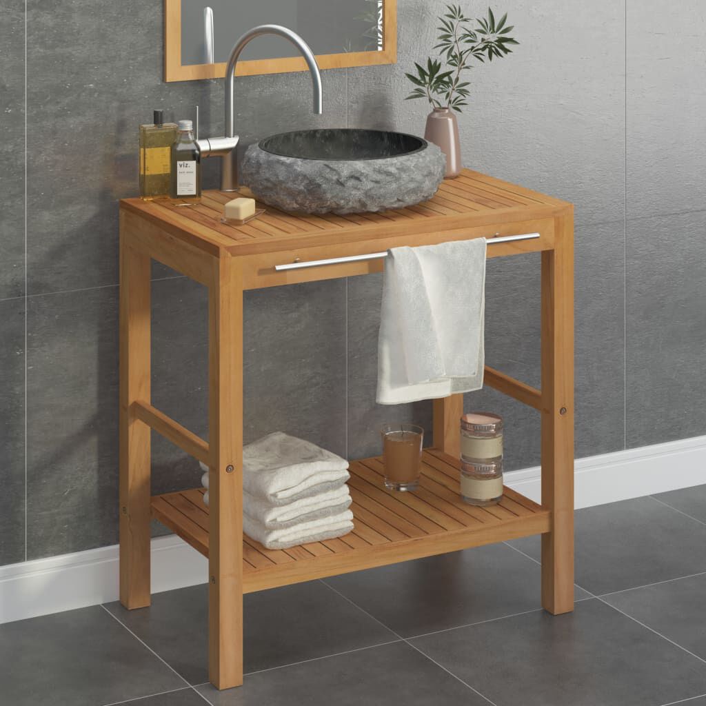 Meuble de Toilette Teck Massif avec Lavabo Marbre Noir 74x45x75 cm