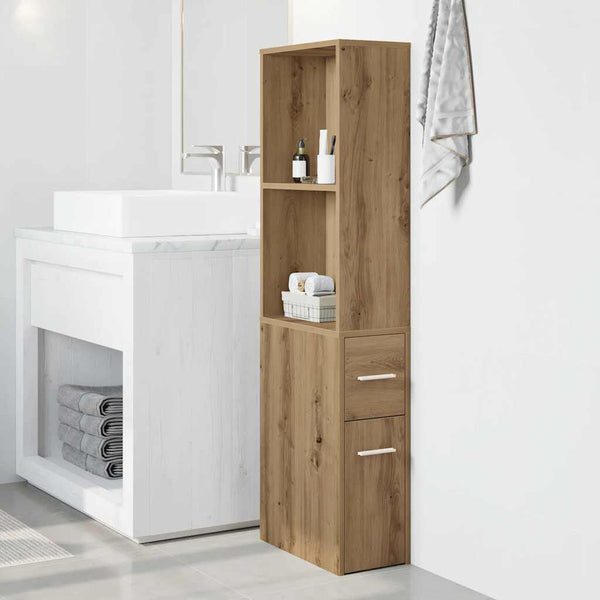 Armoire Étroite Salle de Bain Roulettes Chêne Artisanal 22x41x135 cm - vue 1