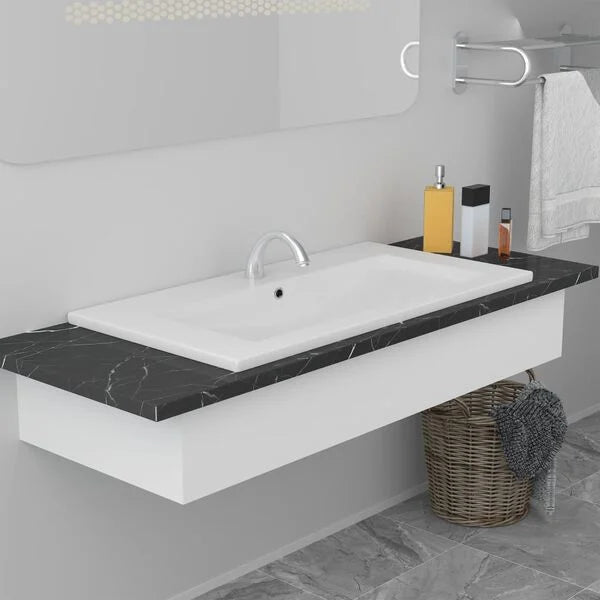 Lavabo Encastré Céramique Blanc 91x39,5x18,5 cm avec Trop-plein