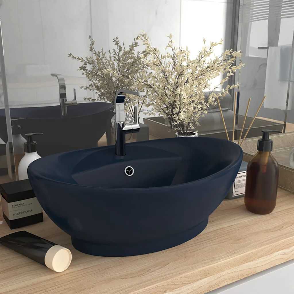 Lavabo Ovale Céramique Bleu Foncé Mat 58,5x39x21 cm