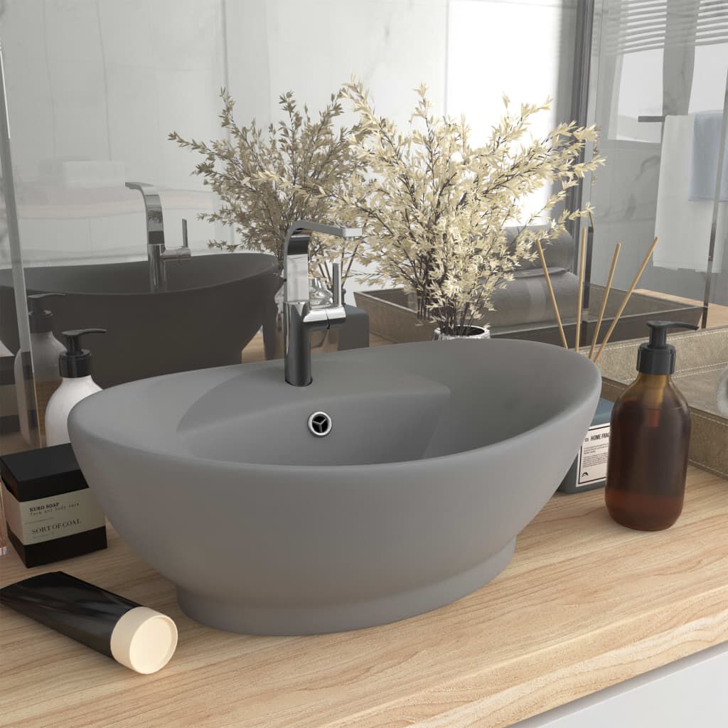 Lavabo Ovale Céramique Gris Clair Mat 58,5x39x21 cm