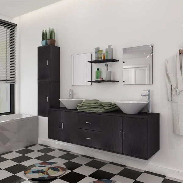 Mobilier de Salle de Bain 9 Pièces Noir 150x45x45 cm avec Lavabos