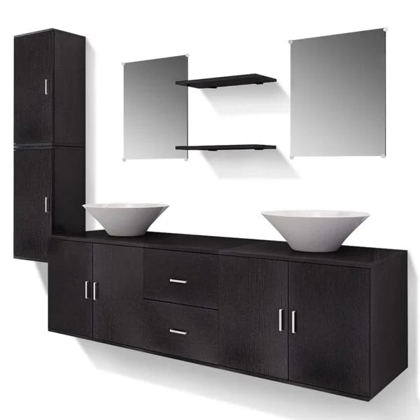 Mobilier de Salle de Bain 9 Pièces Noir 150x45x45 cm avec Lavabos